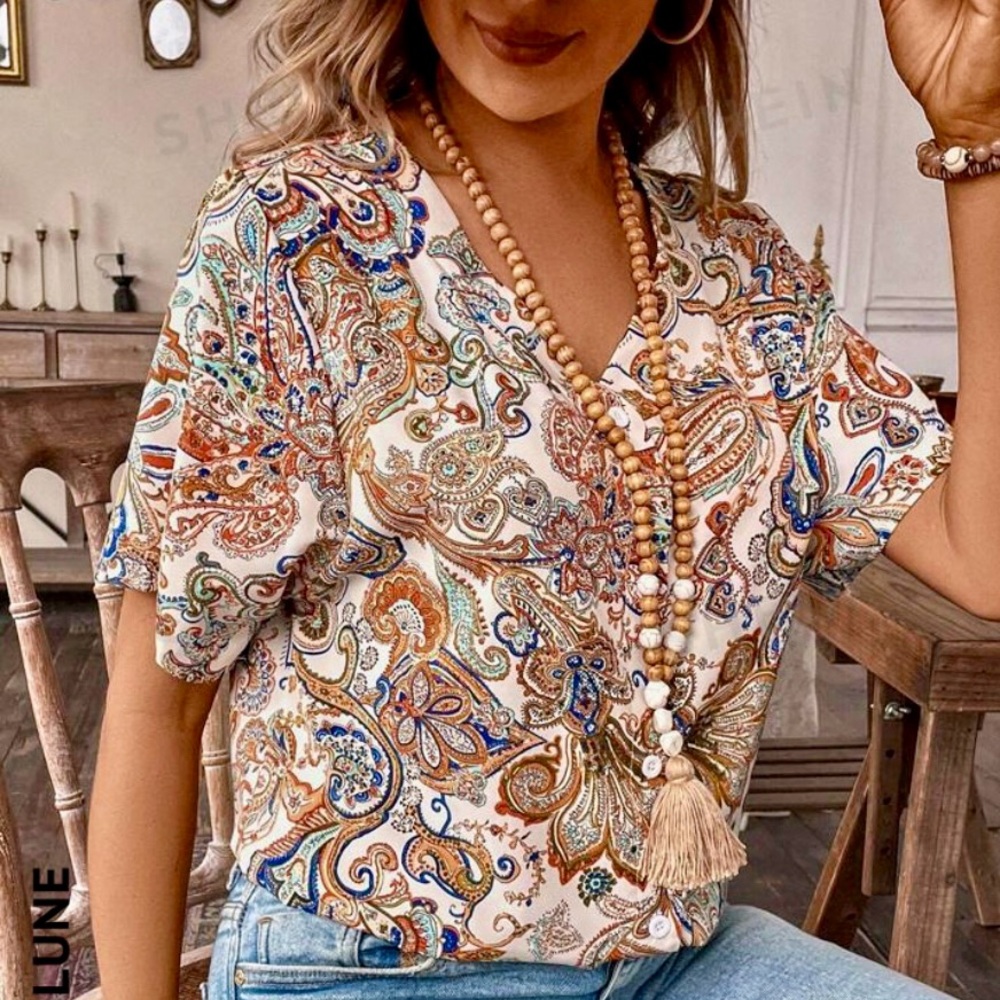 SHEIN LUNE Paisley Printed V-Neck Casual Shirt Size Small - Picture 4 of 7